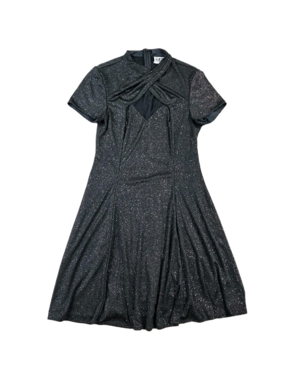 Vintage Black Sparkle Mini Party Dress Mesh Keyhole Short Sleeve Whimsigoth 12
